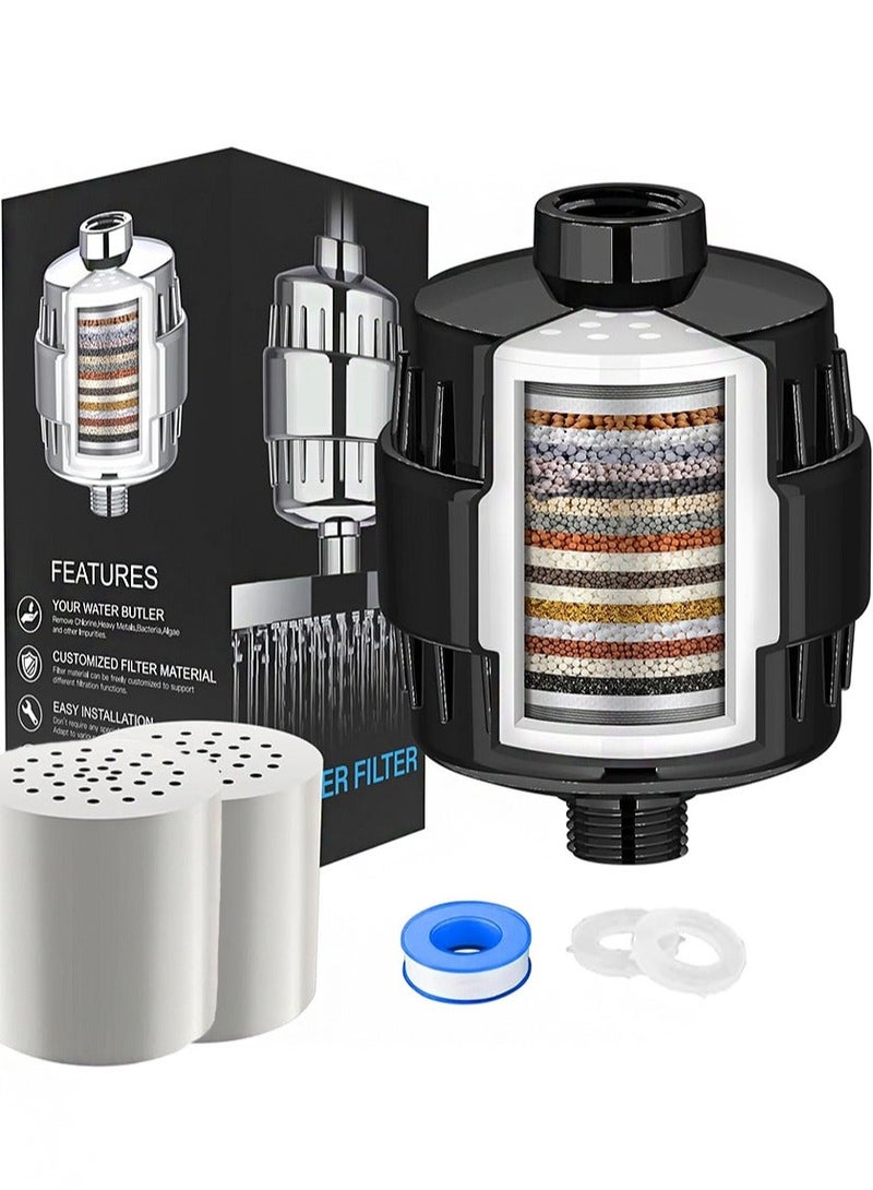 BIRUITE 20-Stage Shower Head Filter Purifies Water While Revitalizing Hair, Moisturizing Nails, And Preventing Limescale Buildup，High-output Fan Technology Softens Hard Water and Removes 99% of Lead, Chlorine, and Fluoride (Black,Contains 2 filter element) - Image 1